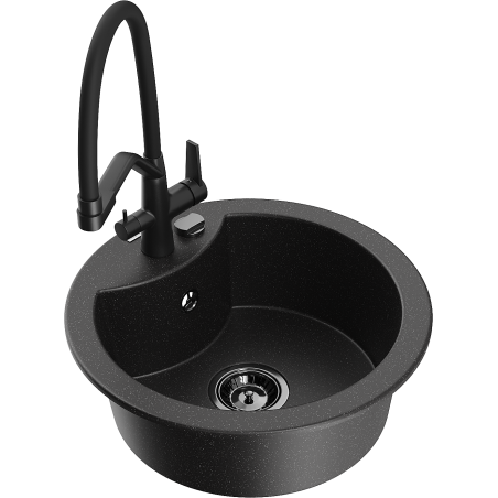 Mexen Diego 1-bowl granite sink with Duo kitchen faucet, black/silver metallic - 6512-73-671701-70-B