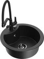 Mexen Diego 1-bowl granite sink with Duo kitchen faucet, black/silver metallic - 6512-73-671701-70-B