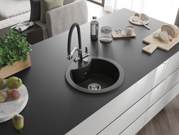 Mexen Diego granite sink, 1-bowl with Duo kitchen tap, black/gold metallic - 6512-75-671701-07