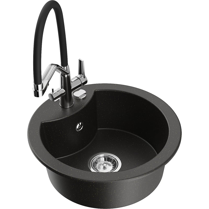 Mexen Diego 1-bowl granite sink with Duo kitchen faucet, black/gold metallic - 6512-75-671701-07