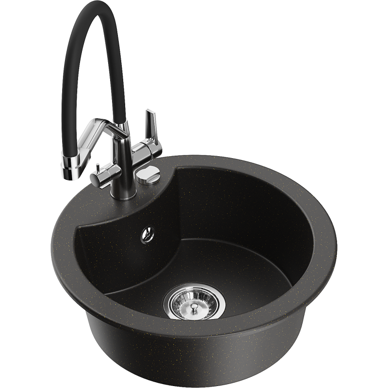 Mexen Diego granite sink, 1-bowl with Duo kitchen tap, black/gold metallic - 6512-75-671701-07
