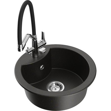 Mexen Diego 1-bowl granite sink with Duo kitchen faucet, black/gold metallic - 6512-75-671701-07