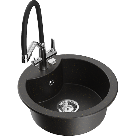 Mexen Diego granite sink, 1-bowl with Duo kitchen tap, black/gold metallic - 6512-75-671701-07