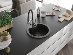Mexen Diego granite kitchen sink 1-bowl with Duo kitchen faucet, black/gold metallic - 6512-75-671701-07-B