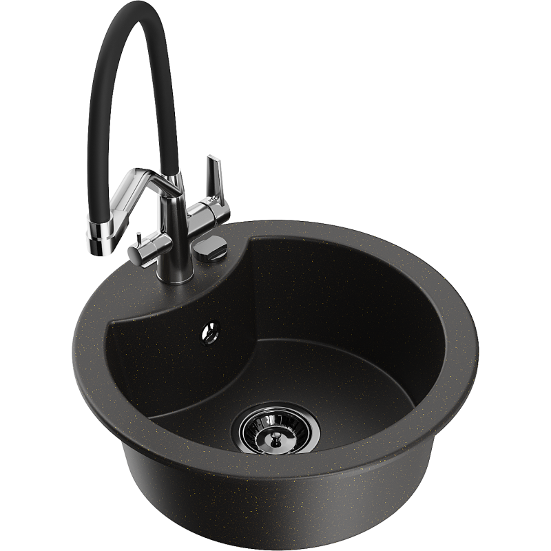 Mexen Diego 1-compartment granite sink with a kitchen mixer tap Duo, Black/ gold metallic - 6512-75-671701-07-B
