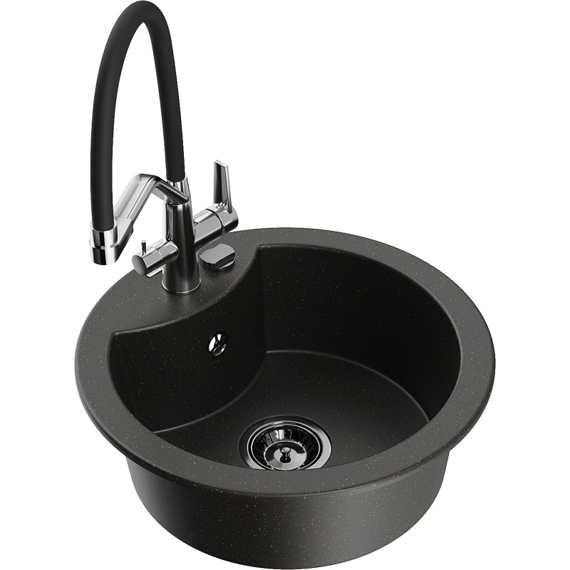 Mexen Diego granite kitchen sink 1-bowl with Duo kitchen faucet, black/gold metallic - 6512-75-671701-07-B