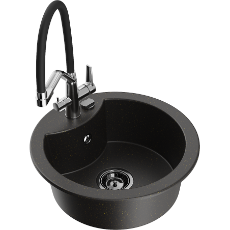 Mexen Diego 1-bowl granite sink with Duo kitchen tap, black/gold metallic - 6512-75-671701-07-B