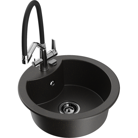 Mexen Diego granite kitchen sink 1-bowl with Duo kitchen faucet, black/gold metallic - 6512-75-671701-07-B