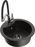 Mexen Diego granite kitchen sink 1-bowl with Duo faucet, black/golden metallic - 6512-75-671701-07-B