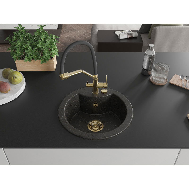 Mexen Diego Granite Sink 1-Bowl with Duo Kitchen Tap, Black/Gold Metallic - 6512-75-671701-57-G