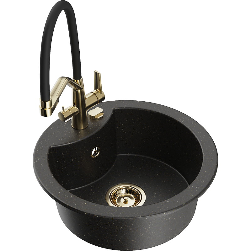 Mexen Diego 1-bowl granite sink with Duo kitchen faucet, black/gold metallic - 6512-75-671701-57-G