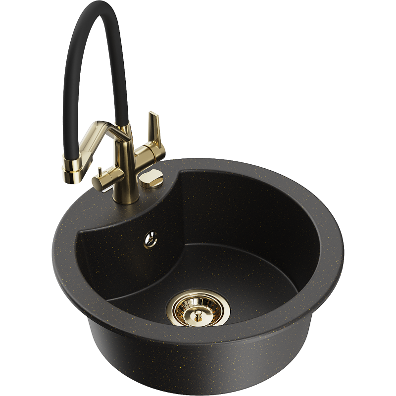 Mexen Diego Granite Sink 1-Bowl with Duo Kitchen Tap, Black/Gold Metallic - 6512-75-671701-57-G