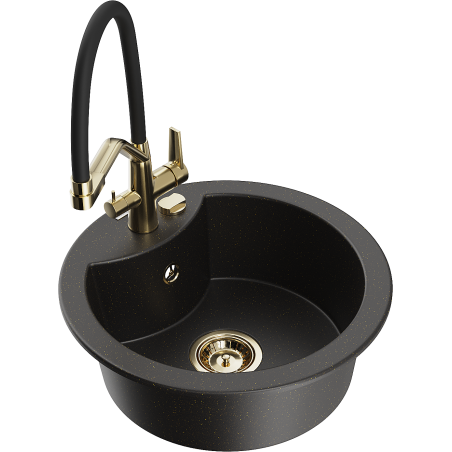 Mexen Diego 1-bowl granite sink with Duo kitchen faucet, black/gold metallic - 6512-75-671701-57-G