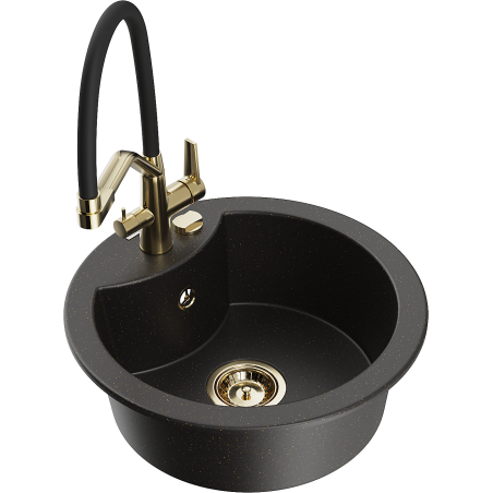 Mexen Diego Granite Sink 1-Bowl with Duo Kitchen Tap, Black/Gold Metallic - 6512-75-671701-57-G