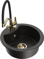 Mexen Diego Granite Sink 1-Bowl with Duo Kitchen Tap, Black/Gold Metallic - 6512-75-671701-57-G