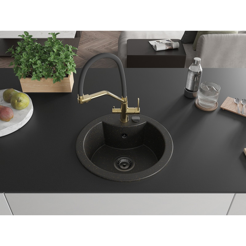 Mexen Diego granite kitchen sink 1-bowl with Duo kitchen faucet, black/golden metallic - 6512-75-671701-57-B
