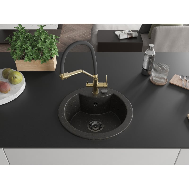 Mexen Diego granite sink 1-bowl with Duo kitchen faucet, black/gold metallic - 6512-75-671701-57-B