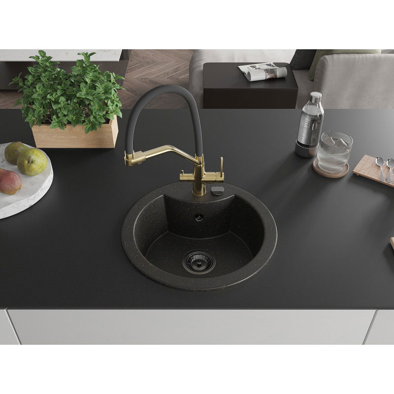 Mexen Diego granite sink 1-bowl with Duo kitchen tap, black/gold metallic - 6512-75-671701-57-B