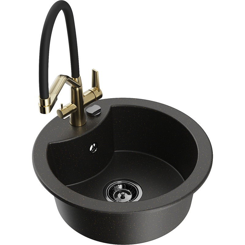 Mexen Diego granite kitchen sink 1-bowl with Duo kitchen faucet, black/golden metallic - 6512-75-671701-57-B