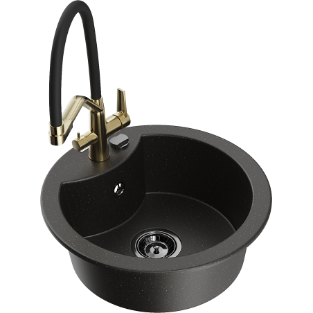 Mexen Diego granite kitchen sink 1-bowl with Duo kitchen faucet, black/golden metallic - 6512-75-671701-57-B