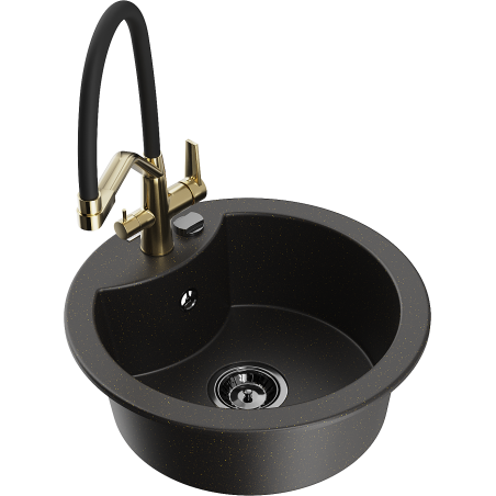Mexen Diego granite sink 1-bowl with Duo kitchen tap, black/gold metallic - 6512-75-671701-57-B