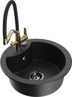 Mexen Diego granite sink 1-bowl with Duo kitchen faucet, black/gold metallic - 6512-75-671701-57-B