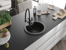 Mexen Diego 1-bowl granite sink with Duo kitchen faucet, black/gold metallic - 6512-75-671701-70-B