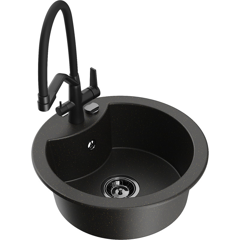 Mexen Diego 1-bowl granite sink with Duo kitchen faucet, black/gold metallic - 6512-75-671701-70-B