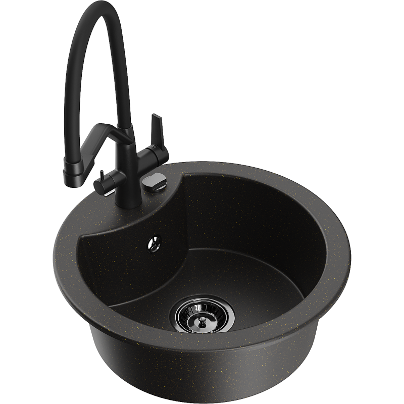 Mexen Diego 1-bowl granite sink with Duo kitchen tap, black/gold metallic - 6512-75-671701-70-B