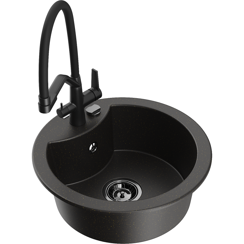 Mexen Diego 1-compartment granite sink with a kitchen mixer tap Duo, Black/ gold metallic - 6512-75-671701-70-B