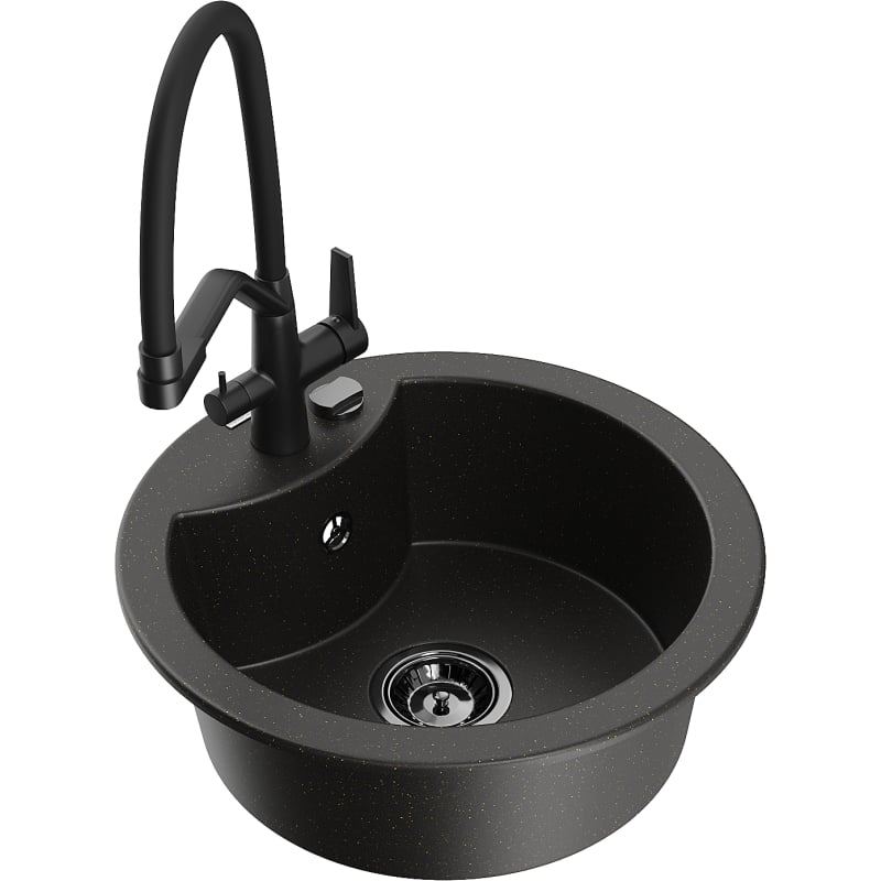 Mexen Diego granite kitchen sink 1-bowl with Duo kitchen faucet, black/golden metallic - 6512-75-671701-70-B