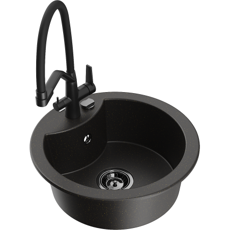 Mexen Diego granite kitchen sink 1-bowl with Duo kitchen faucet, black/golden metallic - 6512-75-671701-70-B