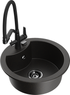 Mexen Diego granite kitchen sink 1-bowl with Duo kitchen faucet, black/golden metallic - 6512-75-671701-70-B