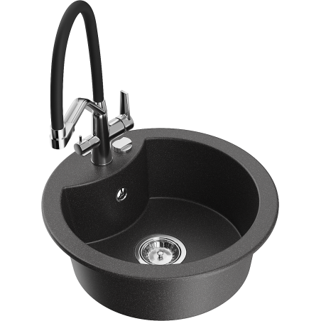 Mexen Diego granite kitchen sink 1-bowl with kitchen faucet Duo, black speckled - 6512-76-671701-07