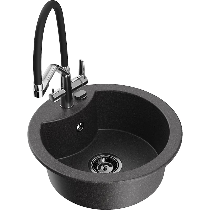 Mexen Diego 1-bowl granite sink with Duo kitchen faucet, speckled black - 6512-76-671701-07-B