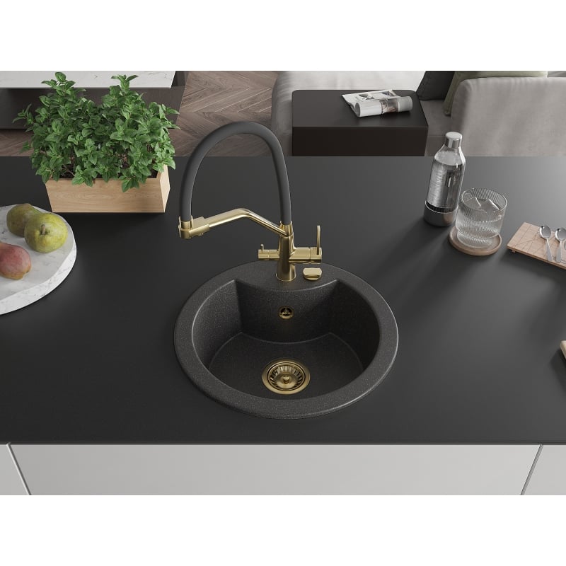 Mexen Diego granite sink 1-bowl with Duo kitchen faucet, speckled black - 6512-76-671701-57-G