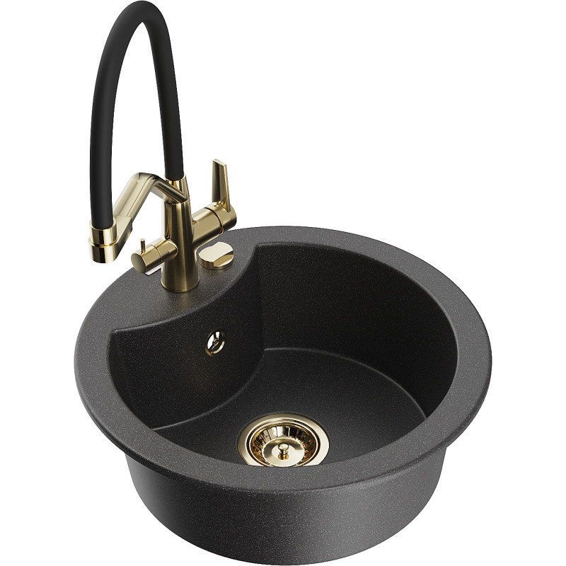 Mexen Diego granite sink 1-bowl with Duo kitchen faucet, speckled black - 6512-76-671701-57-G