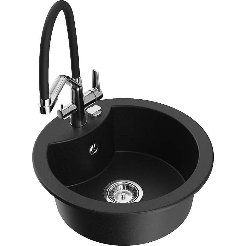 Mexen Diego 1-compartment granite sink with a kitchen mixer tap Duo, Black - 6512-77-671701-07
