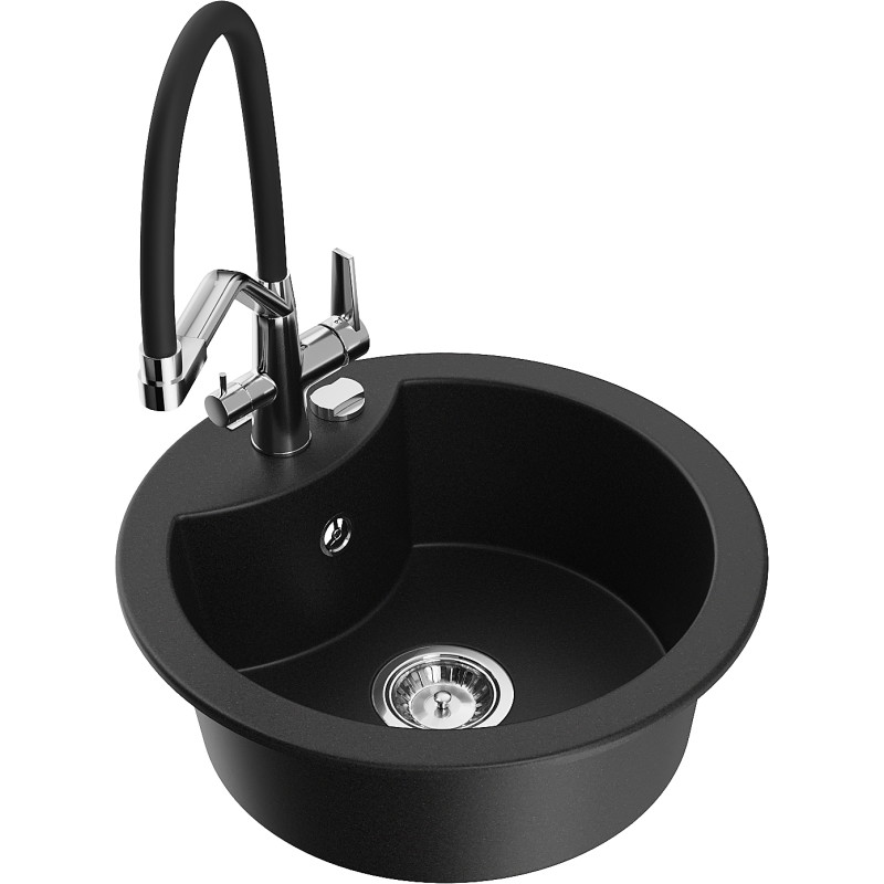 Mexen Diego granite kitchen sink 1-bowl with Duo kitchen faucet, black - 6512-77-671701-07