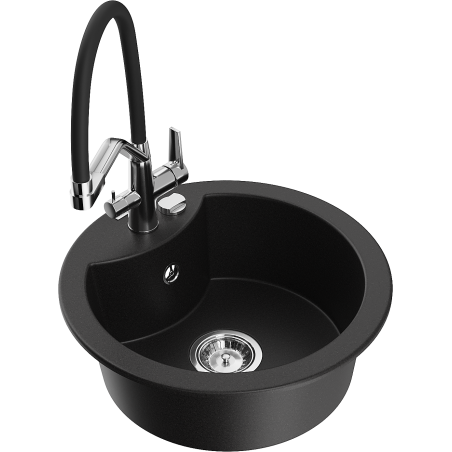 Mexen Diego Granite Sink 1-Bowl with Duo Kitchen Tap, Black - 6512-77-671701-07