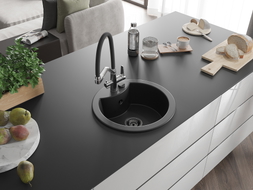 Mexen Diego granite single-bowl sink with Duo kitchen faucet, black - 6512-77-671701-07-B