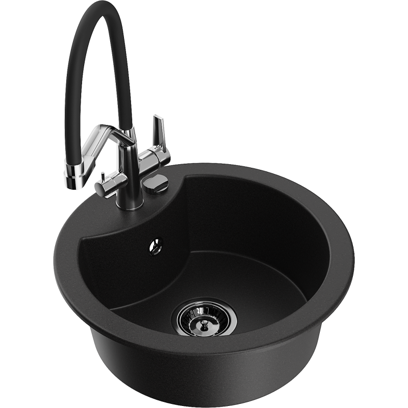 Mexen Diego 1-bowl granite kitchen sink with Duo kitchen tap, black - 6512-77-671701-07-B