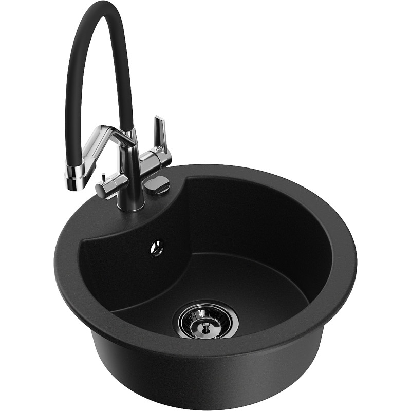 Mexen Diego granite single-bowl sink with Duo kitchen faucet, black - 6512-77-671701-07-B