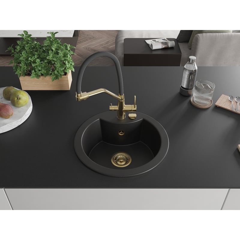 Mexen Diego Granite Sink 1-bowl with Duo Kitchen Faucet, Black - 6512-77-671701-57-G
