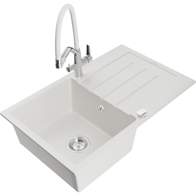 Mexen Bruno 1-Bowl Granite Sink with Drainer and Duo Kitchen Faucet, White - 6513-20-671701-02