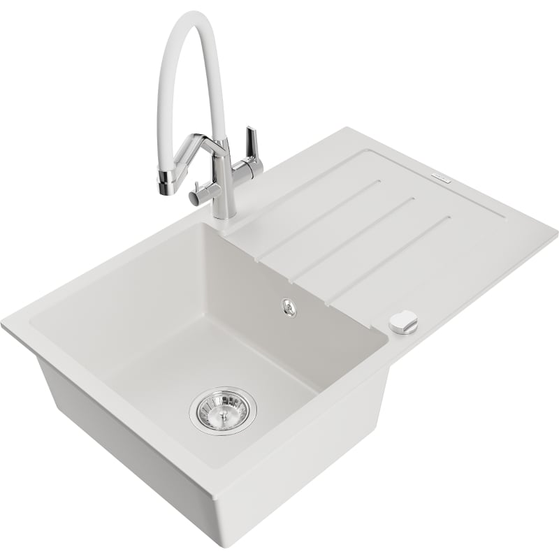Mexen Bruno 1-Bowl Granite Sink with Draining Board and Duo Kitchen Faucet, White - 6513-20-671701-02
