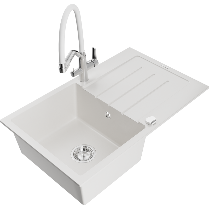 Mexen Bruno 1-compartment granite sink with a drip tray and kitchen mixer tap Duo, white - 6513-20-671701-02