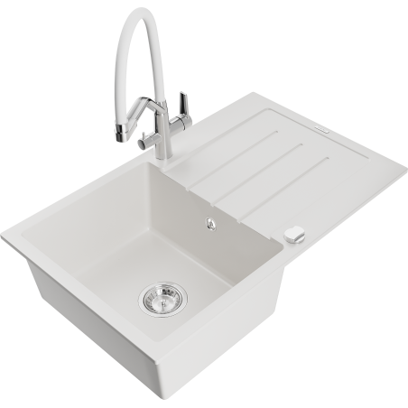 Mexen Bruno 1-Bowl Granite Sink with Draining Board and Duo Kitchen Faucet, White - 6513-20-671701-02