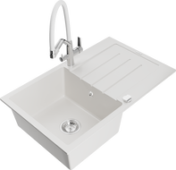 Mexen Bruno 1-Bowl Granite Sink with Drainer and Duo Kitchen Faucet, White - 6513-20-671701-02