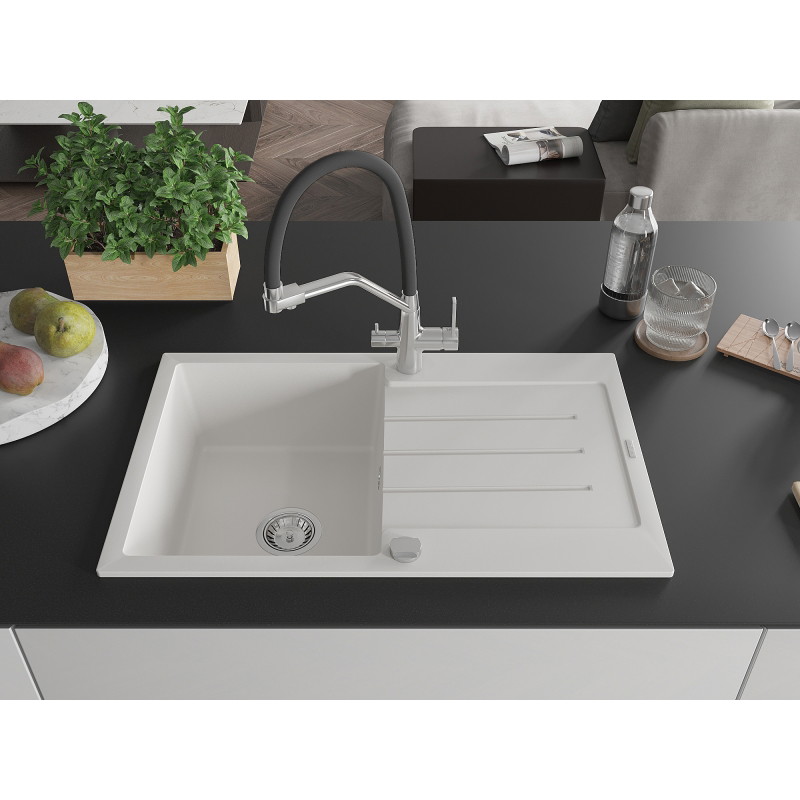 Mexen Bruno granite sink single-bowl with drainer and kitchen faucet Duo, white - 6513-20-671701-07